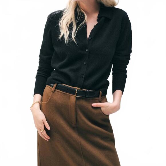 NEW WHITE + WARREN cashmere collared cardigan in black